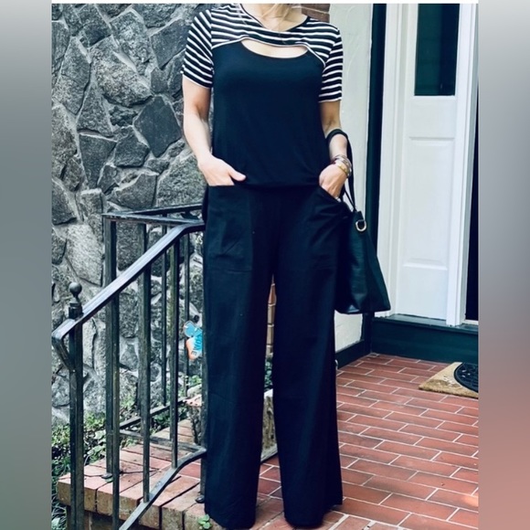 NWOT Black Palazzo Pants 100% Cotton Linen-feel Front Patch Pockets L - Picture 6 of 7